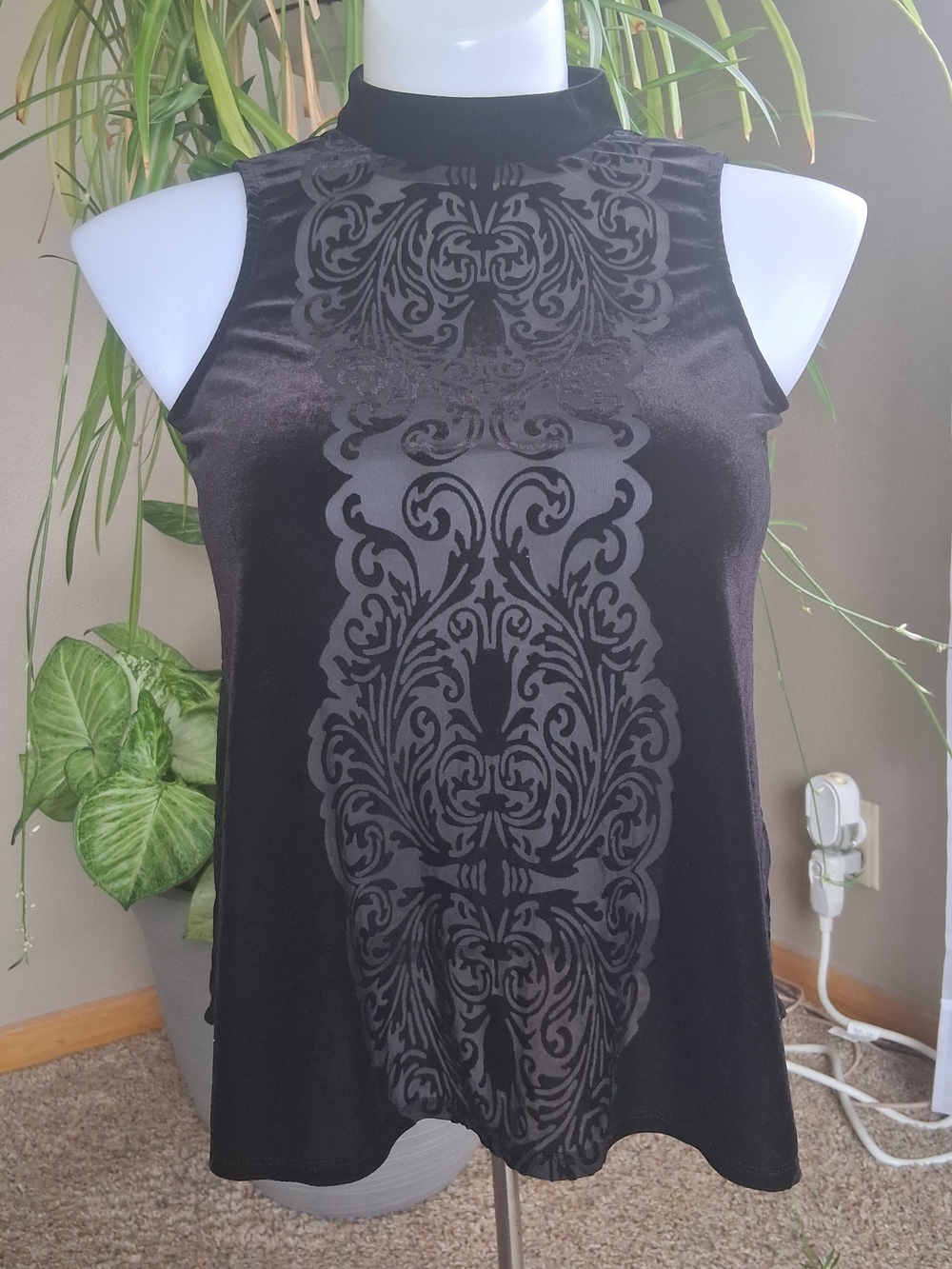 Y2K Choker Mock Neck Top Burnout Velvet Sheer Whimsigoth Witchy Black Edgy Small